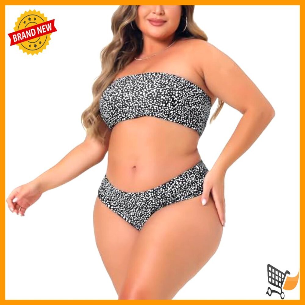 Plus Size Bandeau Bikini Set High Waist Off Shoulder Tropical Print - Picture 2 of 7